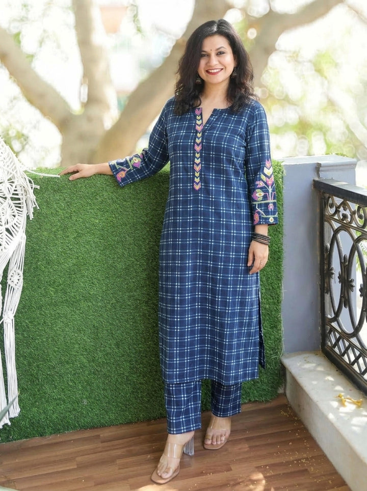 Prushna Denim Blue Embroidered Check Print Cotton Co-ord Set