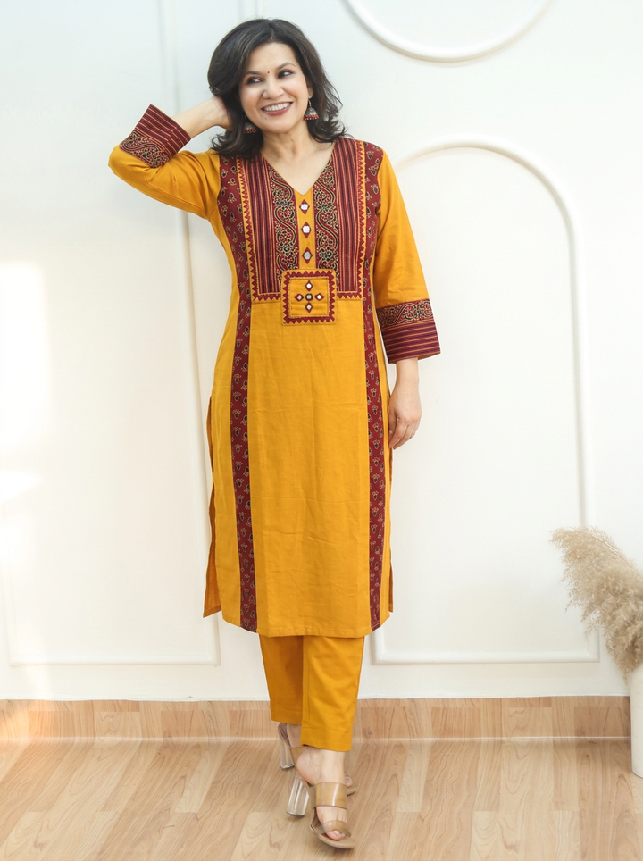 Drishti Turmeric Yellow Triple Panel Ajrak Yoke with Mirror Cotton Kurti