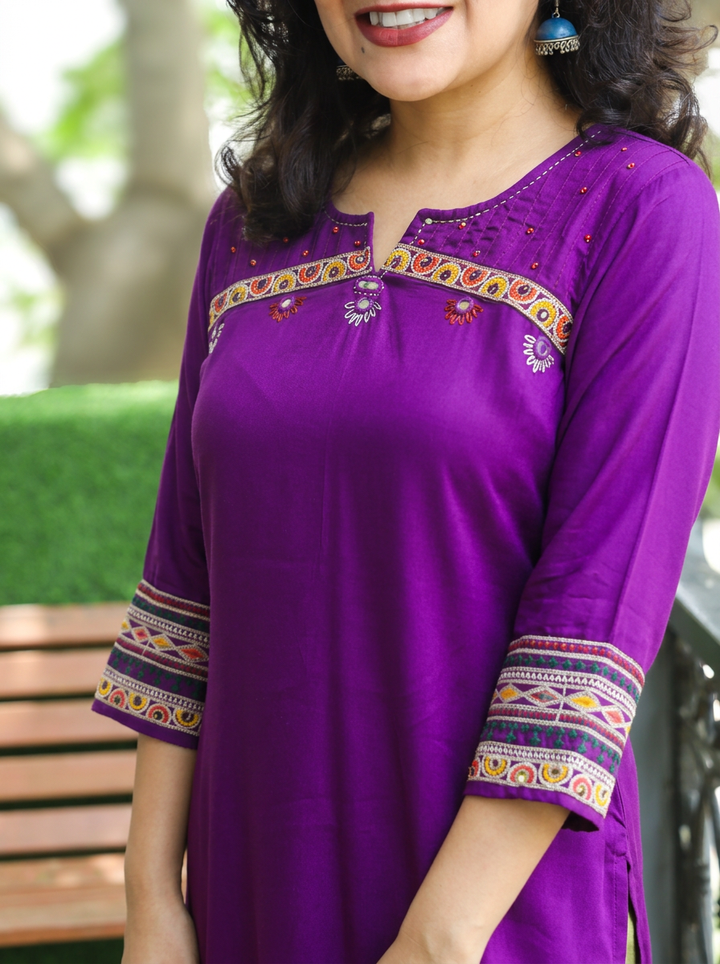 Ella Purple Mirror with Embroidery Rayon Satin Short Kurti