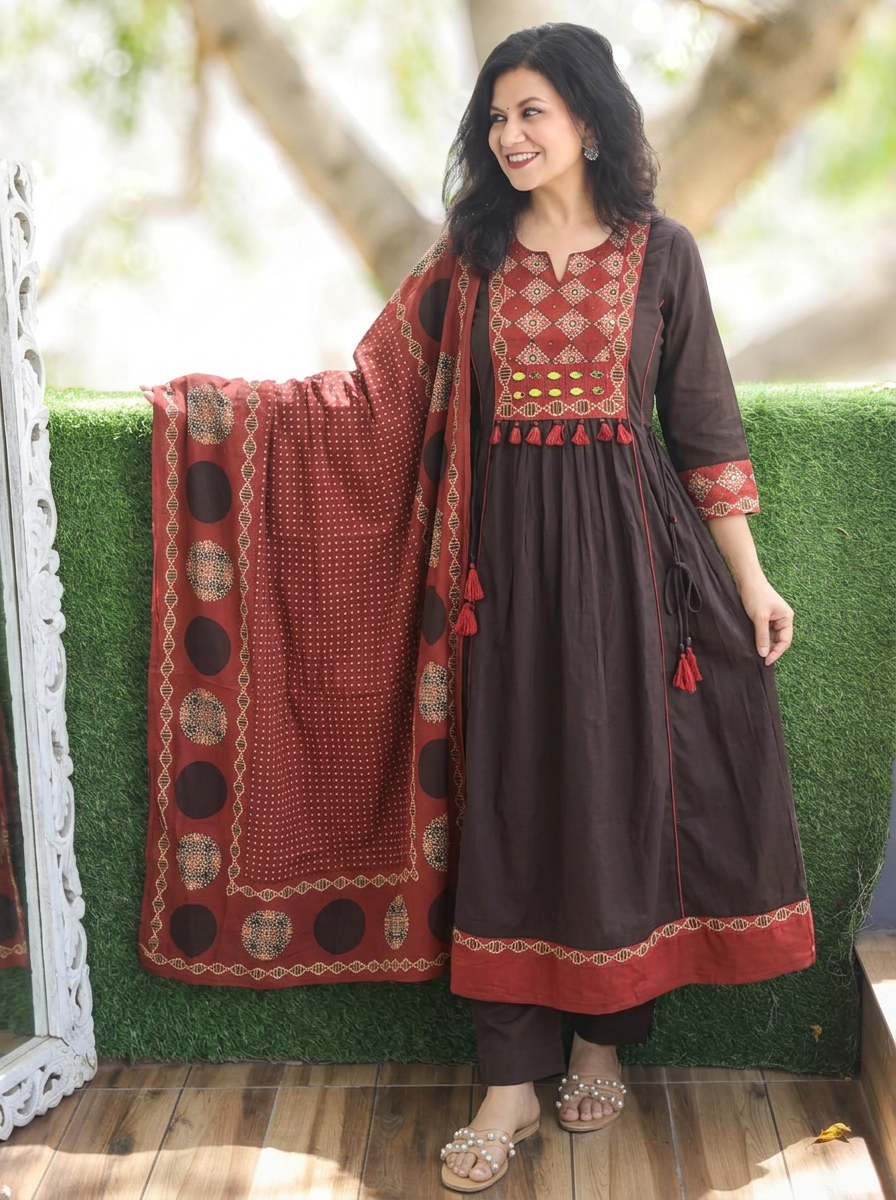 Navya Ebony Black Mirror Work Ajrakh Yoke Cotton 3 Piece Set