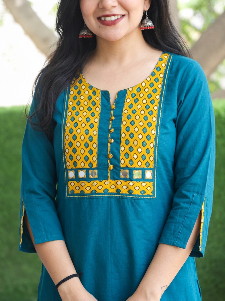 Raadhi Teal Potli with Mirror Ajrak Yoke Cotton 2 Piece Set