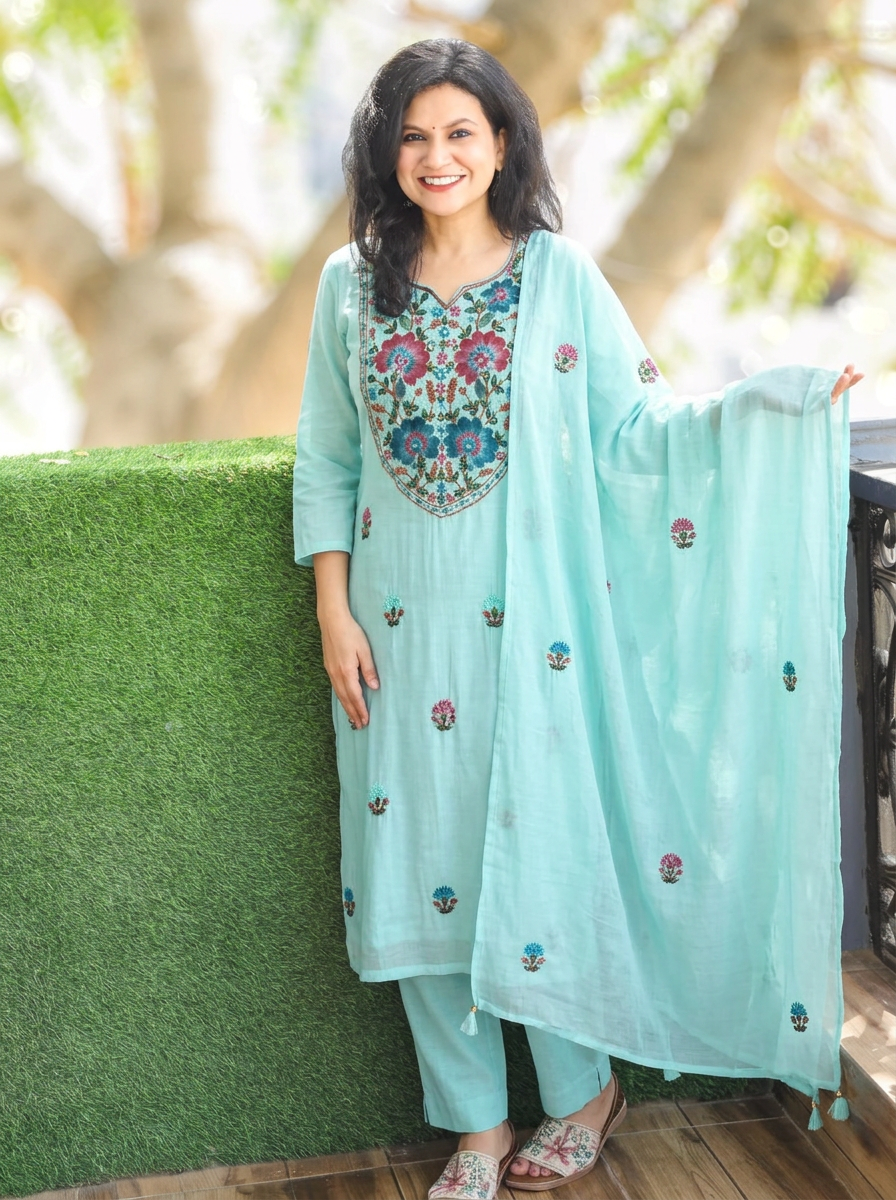 Aadhvika Powder Blue Kolkata Hand Embroidered Set
