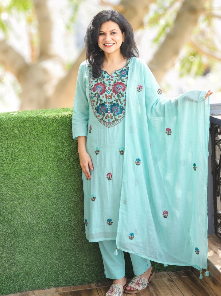 Aadhvika Powder Blue Kolkata Hand Embroidered Set