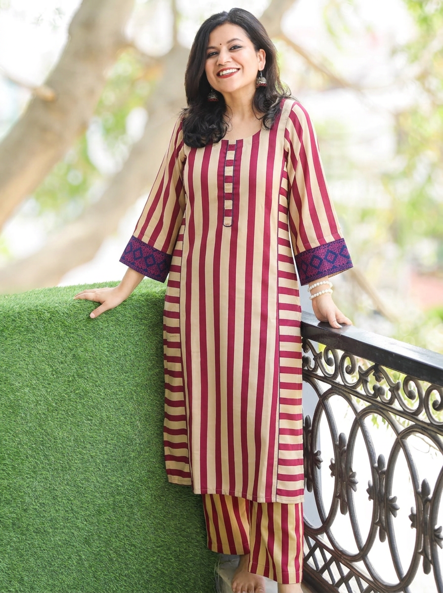 Anjali Magenta Pink Stripe Panel Style Winter Twill Co-ord Set
