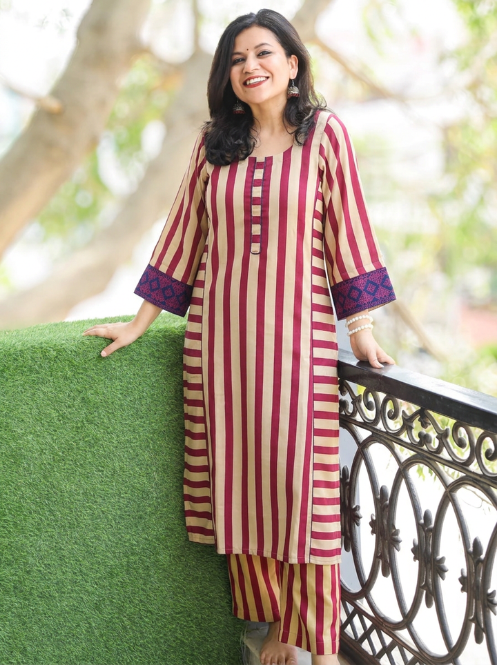 Anjali Magenta Pink Stripe Panel Style Winter Twill Co-ord Set