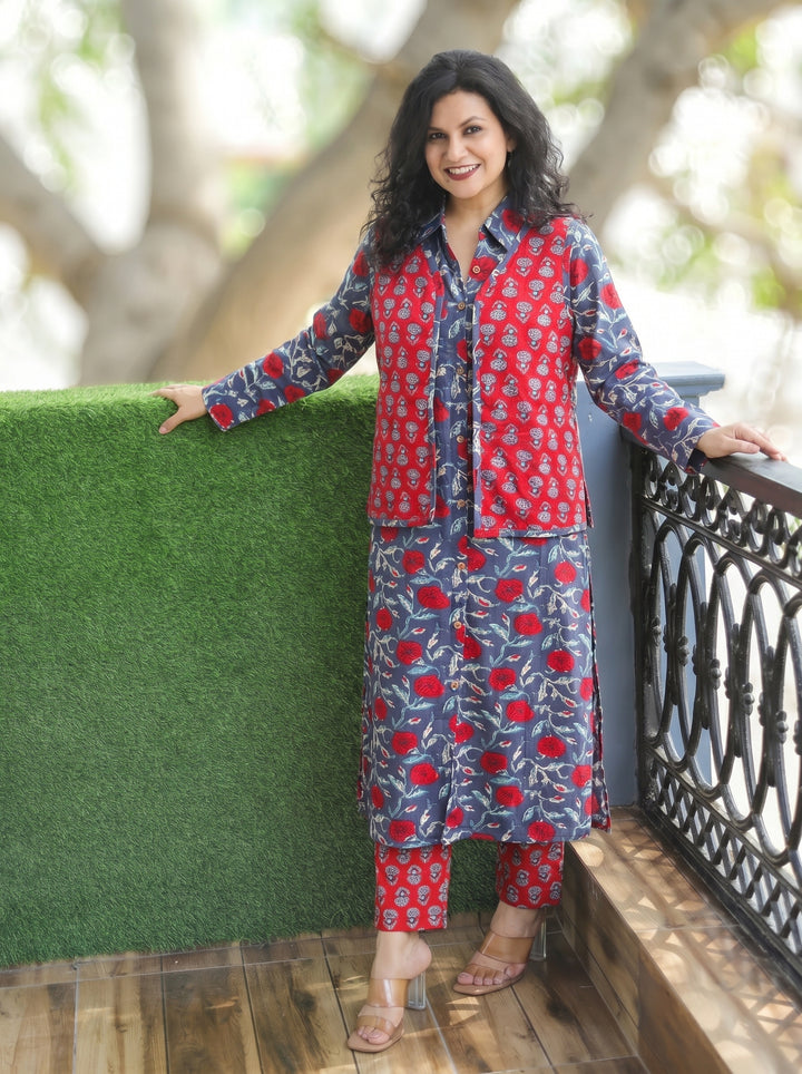 Nysa Blue Red Block Print Cotton Jacket Set