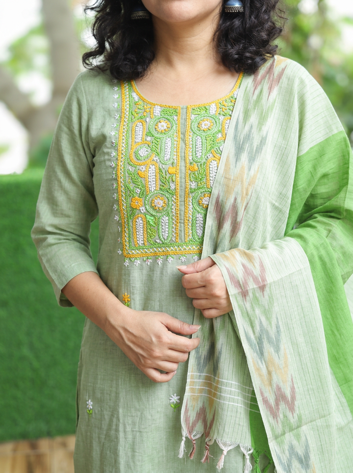 Iqra Mint Green Kolkata Hand Embroidered South Cotton 3 Piece Set