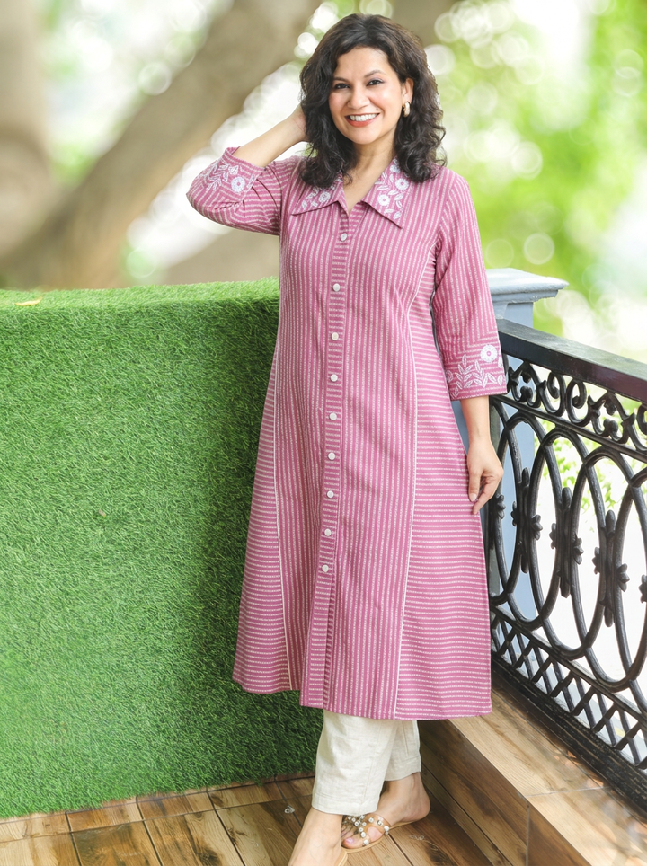 Kiara Pink Embroiderd Work Button Down Cotton Kurti