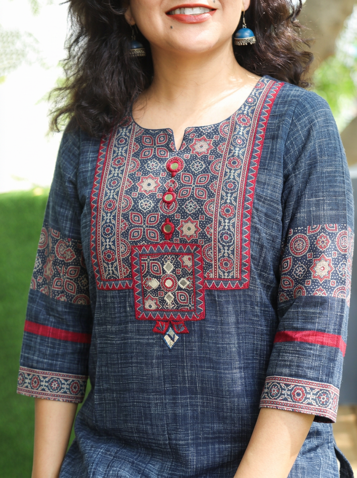 Revika Denim Blue Ajrakh Yoke Brush Print 2 Piece Set