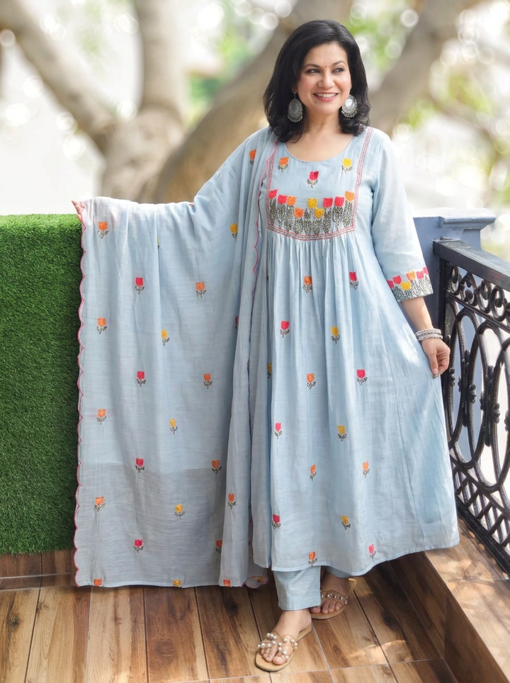 Malika Firozi Blue Embroidered Mul Chanderi Set