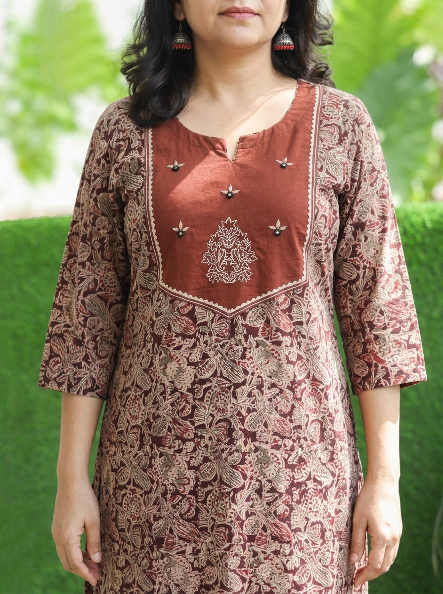 Rashmi Burnt Rust Embroidered Yoke Kalamkari Print 2 Piece Set