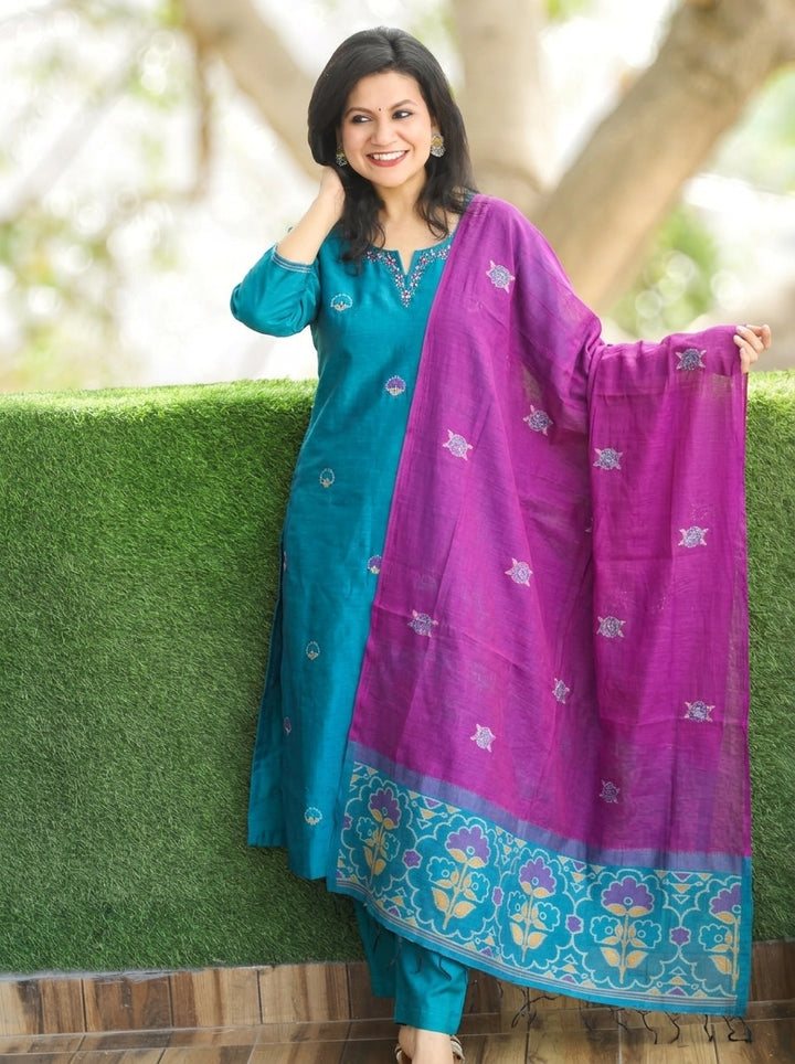 Vasudhra Aqua Teal Floral Jamdani 3 Piece Set