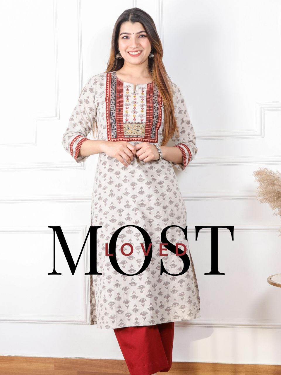 Ghoomar Pearl White Kutch Mirror Neck Work Dabu Cotton Kurti-D1
