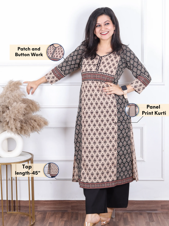 Rajwari Faded Black with Beige Patch and Button Work Ajrak Printed Cotton kurti