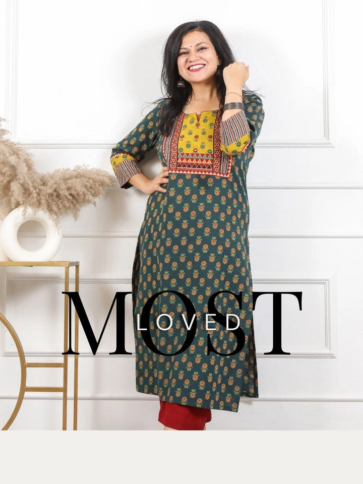 Rooh Grass Green Mirror in Printed Ajrak Patch Cotton Kurti-D2