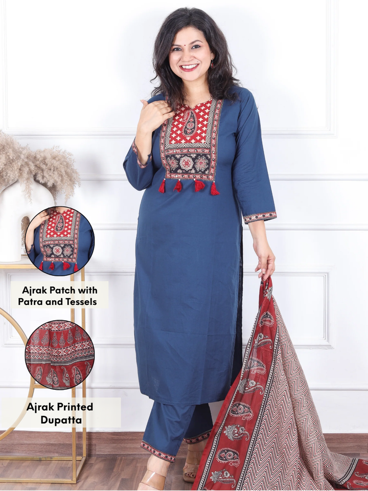 Sadhgi Navy Blue Ajrak Print Patch with Patra and Tessels Work Cotton 3 Piece Set