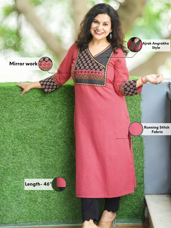 Haniyaa Apple Red Angrakha Neck Style with Ajrak Print Yoke Kantha Cotton Kurti-D2