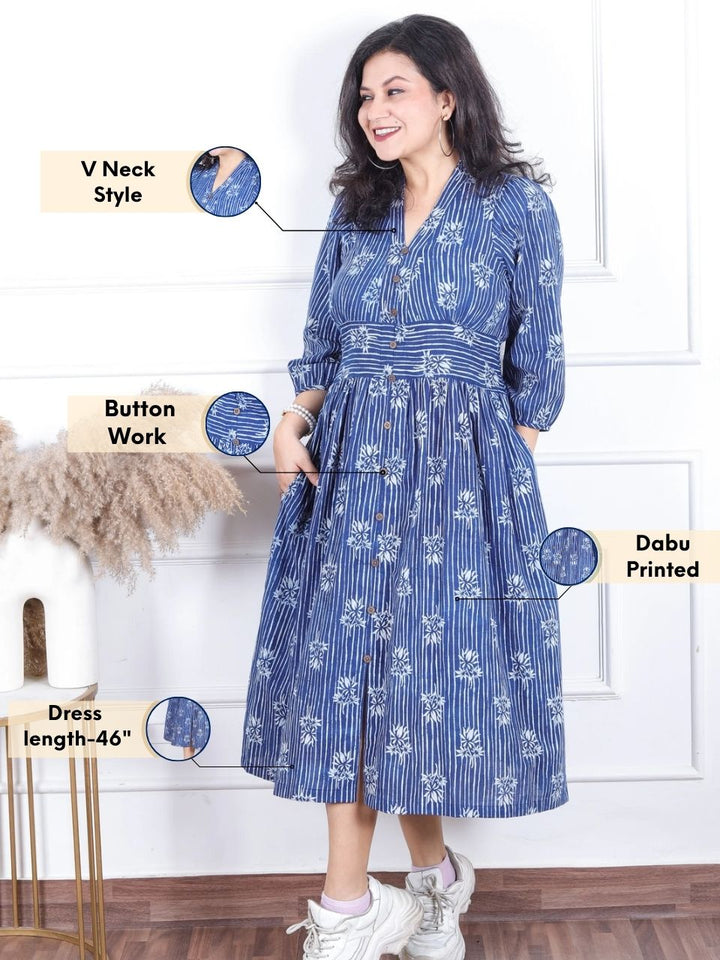 Khwab Indigo Blue V Neck Button Work in Front Dabu Printed Flared Cotton Dress