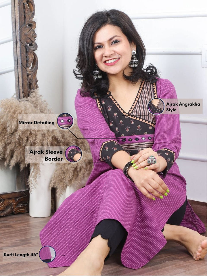 Ada Dark Purple in Angrakha Style Neck Printed Patch Kantha Work Kurti