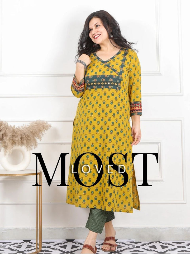 Raavi Citrine Yellow Ajrak Patch With Mirror Angrakha Printed Cotton Kurti