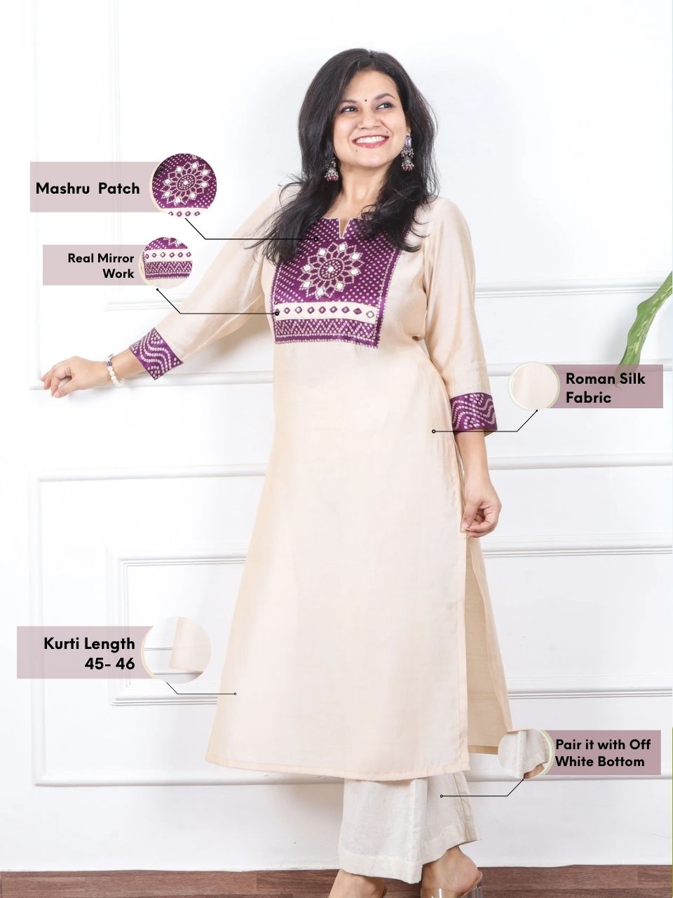 Raajhan Buttermilk White Mashru Patch Work Roman Silk Kurti