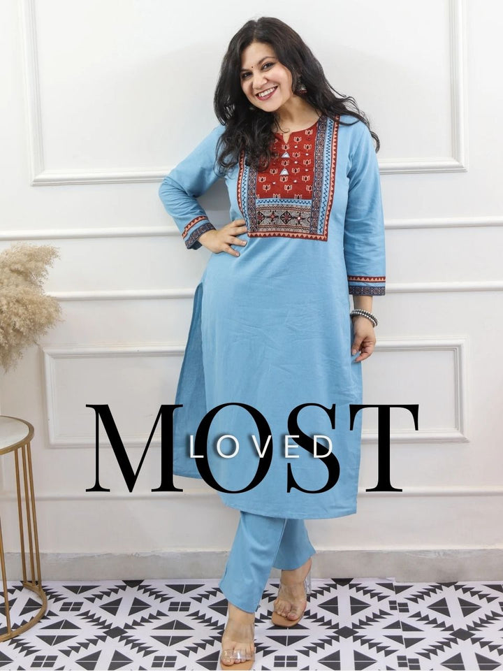 Raanjhaan Sapphire Blue Kutch Neck Work Cotton 2 Piece Set