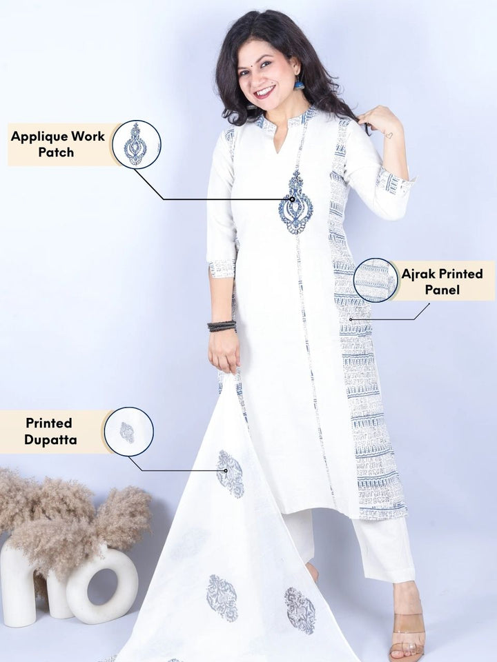 Aahista Off-White Applique Work Patch with Ajrak Printed Panel Cotton 3 Piece Set