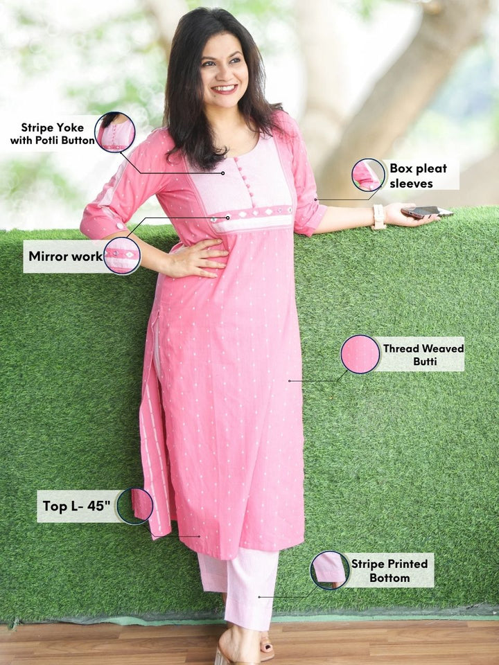 Saundrya Candy Pink Stripe Print Yoke with Mirror and Potli Button South Cotton 2 Piece Set