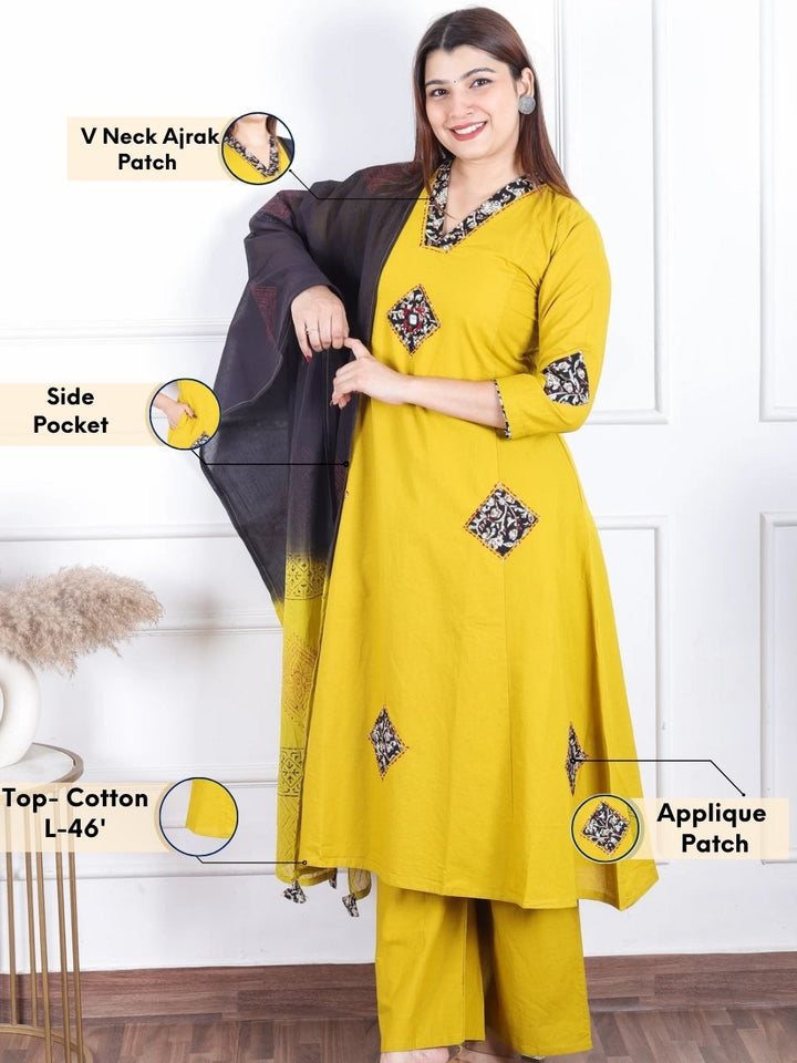 Aahista Dijon Yellow V Neck Ajrak Print Applique Patch with Mirror Panel Cotton 3 Piece Set