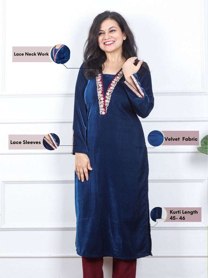 साध्गी Royal Blue V Neck Lace Work Velvet Winter Kurti-D2