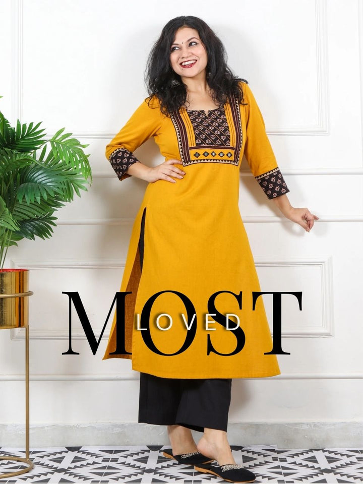 Rivaayi Canary Yellow with Black Printed Kutch Patch Neck Cotton Flex Kurti