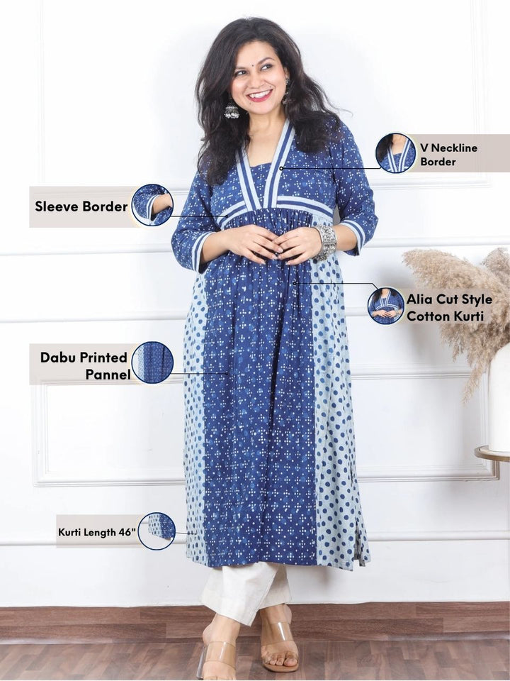 Dua Indigo Blue Dabu Printed in Alia Cut Style Cotton Kurti