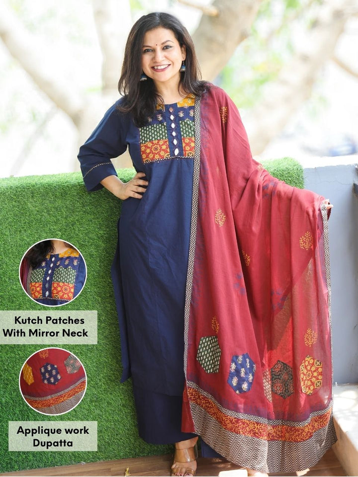 Aafeemi Royal Blue Ajrak Patches Neck Work Cotton 3 Piece Set