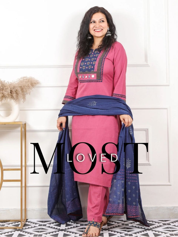 Raanjhaan Stawberry Pink Kutch Neck Work Cotton 3 Piece Set