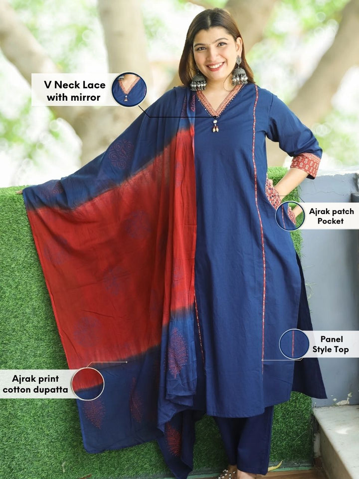 Sundari Denim Blue V Neck Lace with Panel Style Cotton 3 Piece Set with Pocket