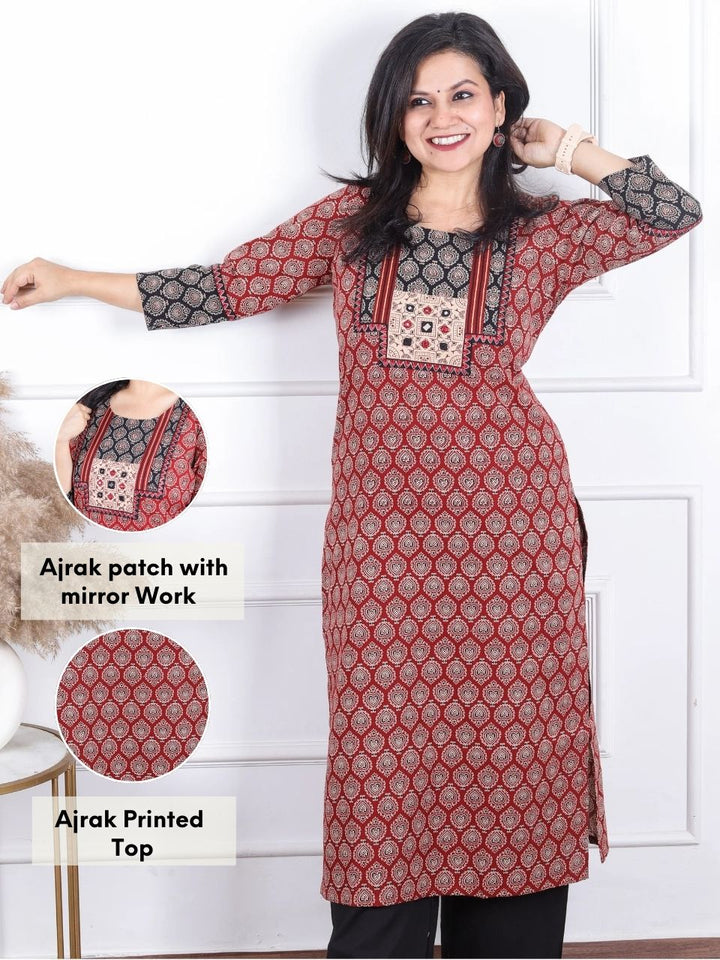 Rajwari Ruy Red with Beige Ajrak Print Mirror Work Patch Ajrak Printed Cotton kurti
