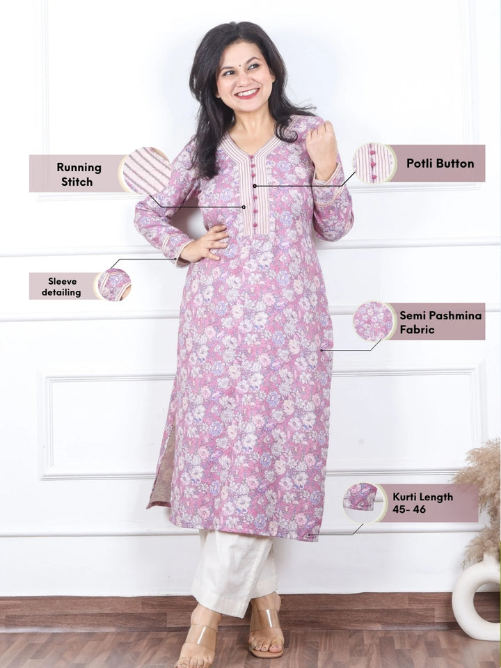 Bloosom Baby Lilac Floral Print in Thread With Fabric Button Semi Pashmina Kurti