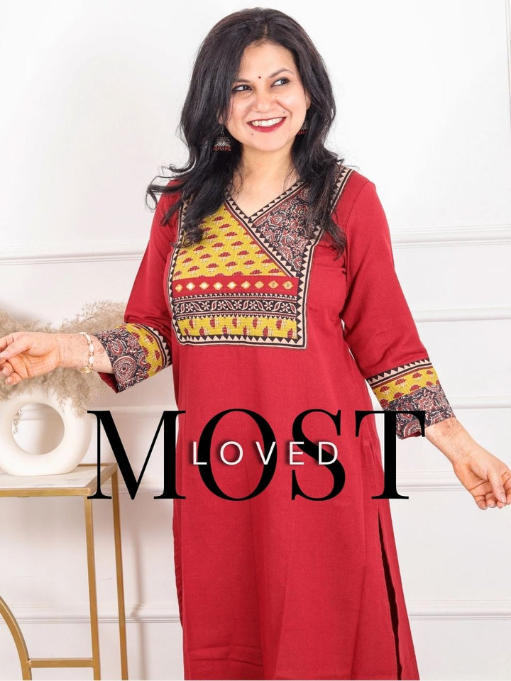 Shaayraana Maroon Red Kutch Fusion Work Angrakha Cotton Flex Kurti-D1