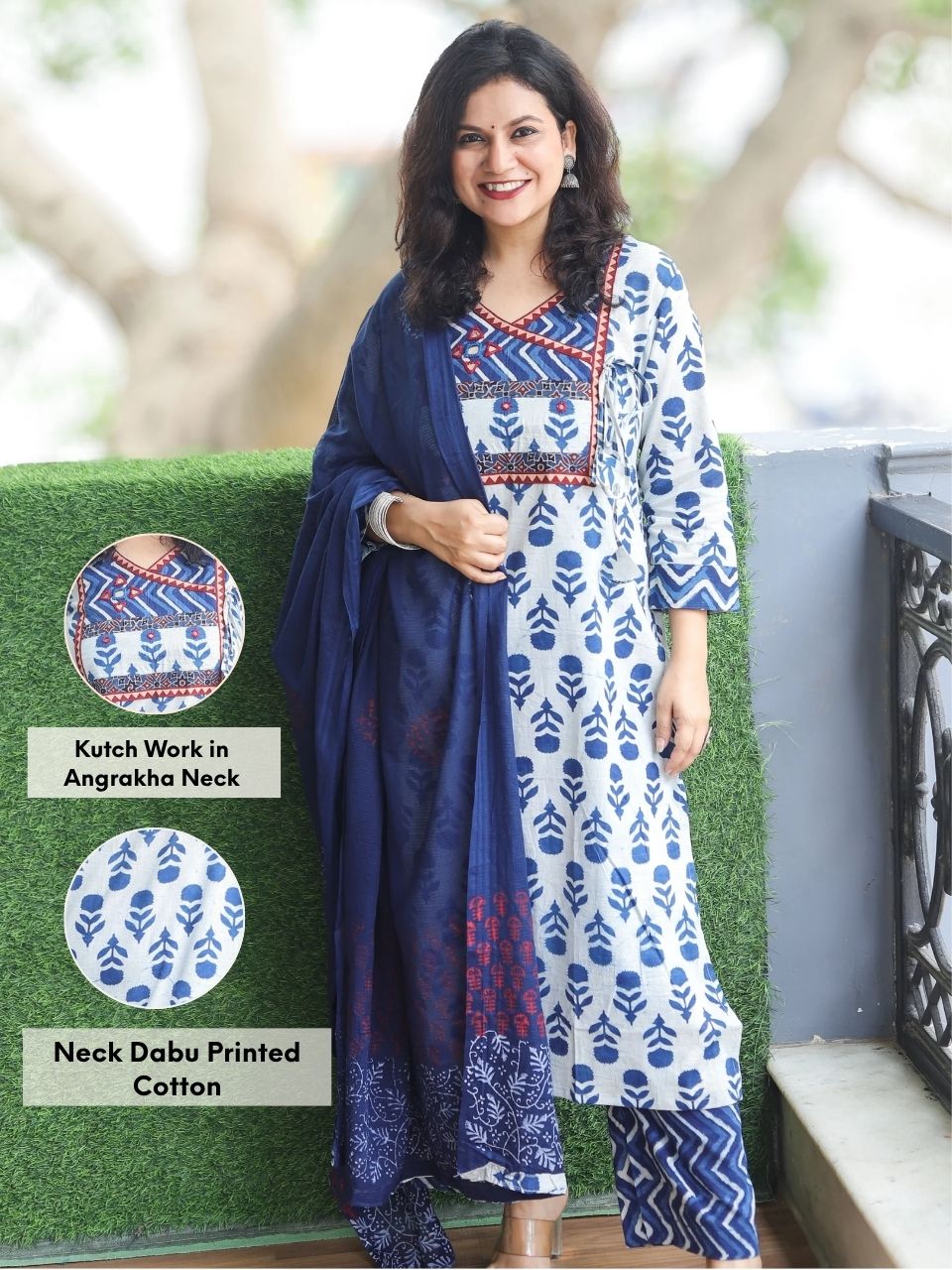 Himayanti Indigo Blue Kutch Work in Angrakha Neck Dabu Printed Cotton 3 Piece Set D13