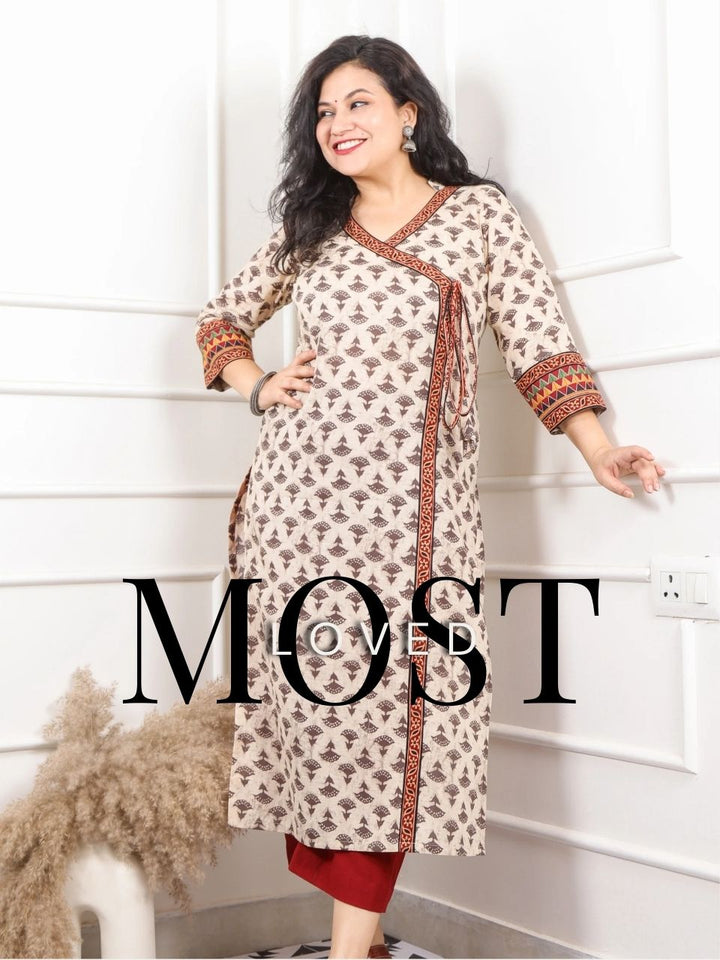 Shaayraana Latte Beige Printed Long Neck Angrakha Style Cotton Kurti-D2