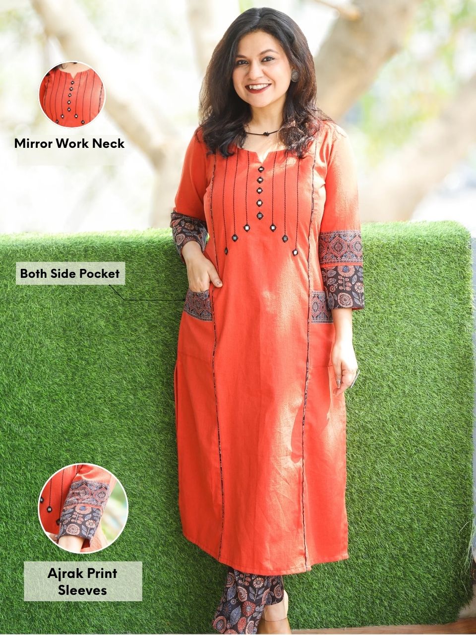 Aafeemi Burnt Orange Mirror Neck Work with Pocket Cotton Kurti