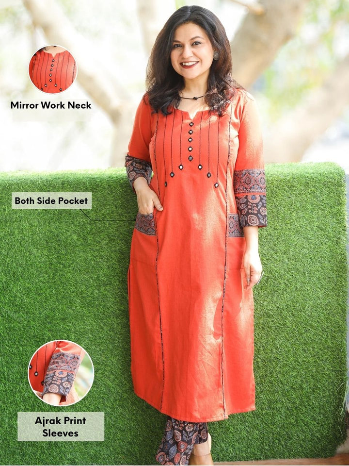 Aafeemi Burnt Orange Mirror Neck Work with Pocket Cotton Kurti