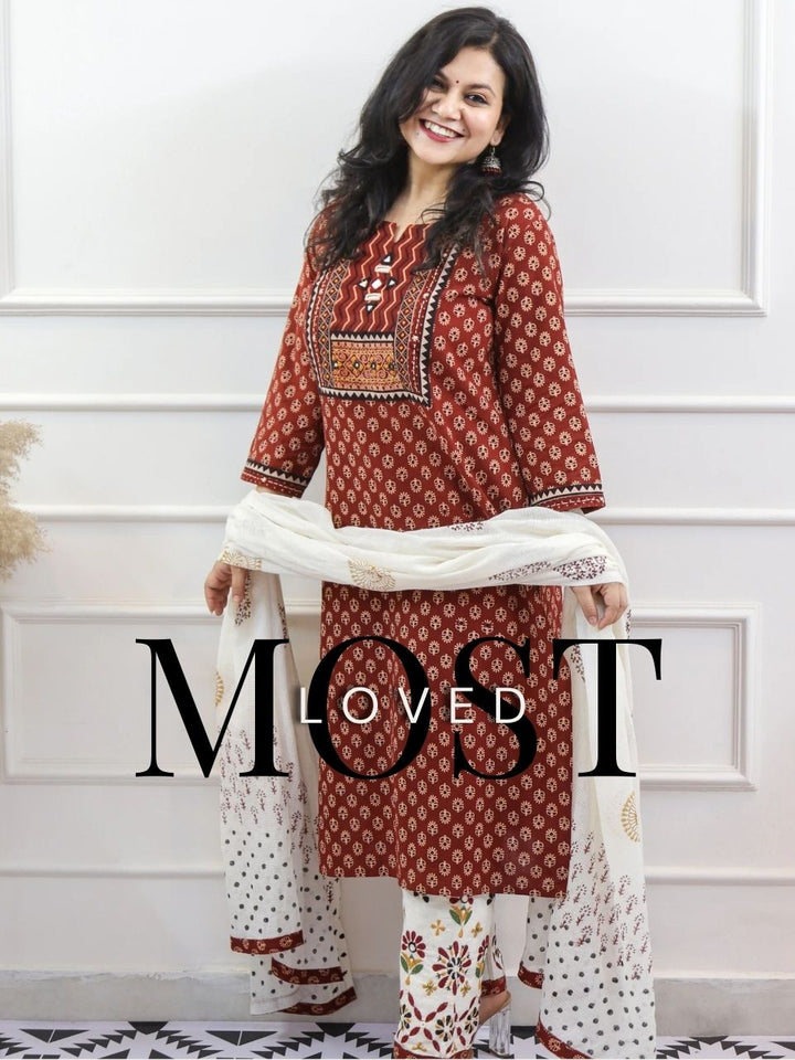 Chaahat Barn Red Kutch Mirror Neck Work Print Cotton 3 Piece Set-D8