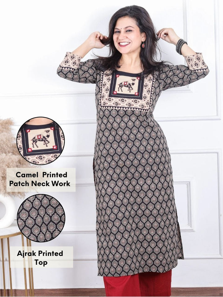 Rajwari Ebony Black with Camel Print Mirror Work Patch Ajrak Printed Cotton kurti