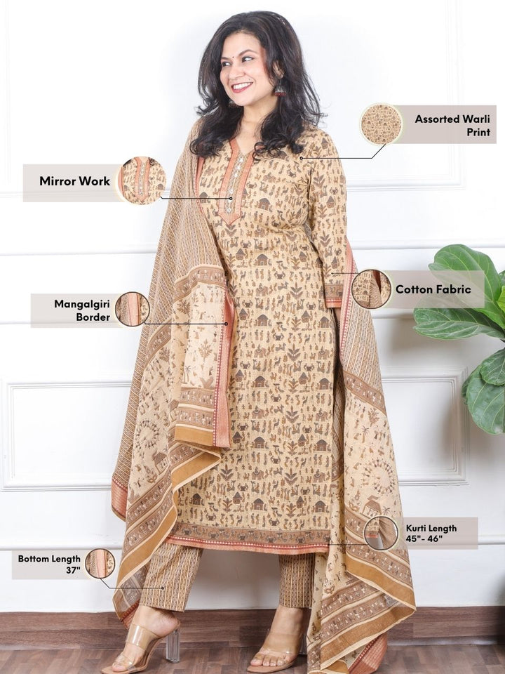 Zinat Sand Cream Warli Printed in Mangalgiri Hem Work Cotton 3 Piece Set