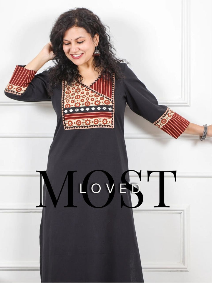 Rooh Black Angrakha Neck in Ajrak Printed Patch Cotton Flex Kurti-D3