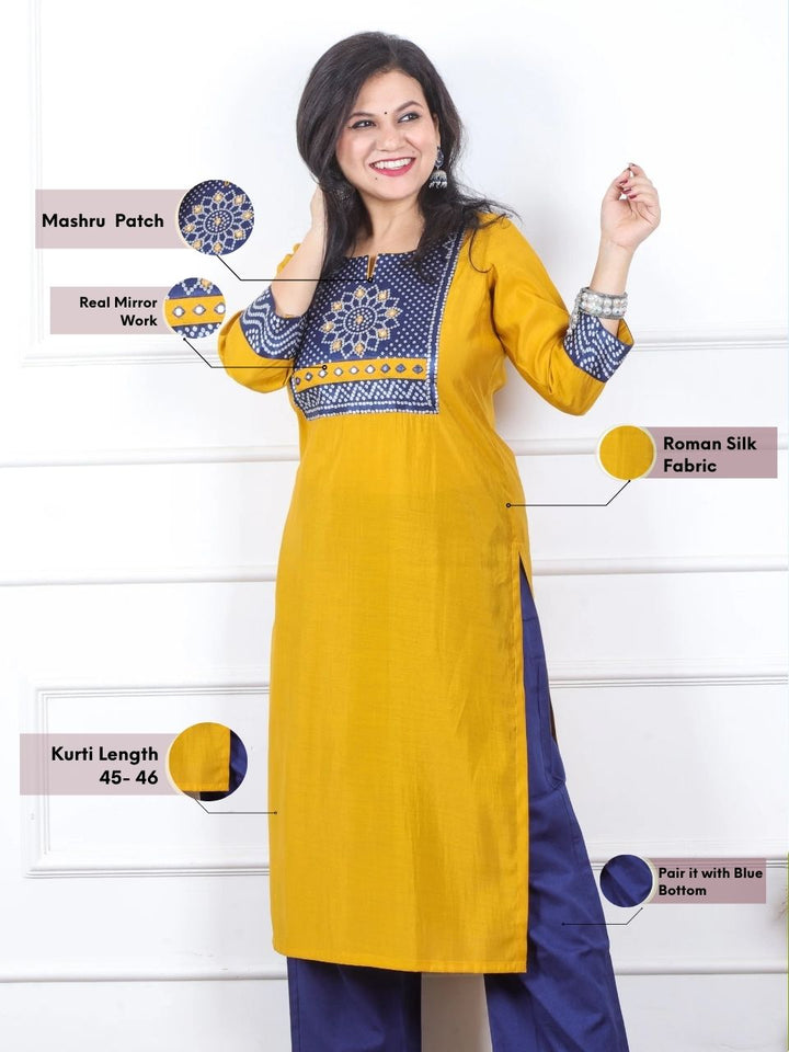 Raajhan Turmeric Yellow with Blue Mashru Patch Work Roman Silk Kurti