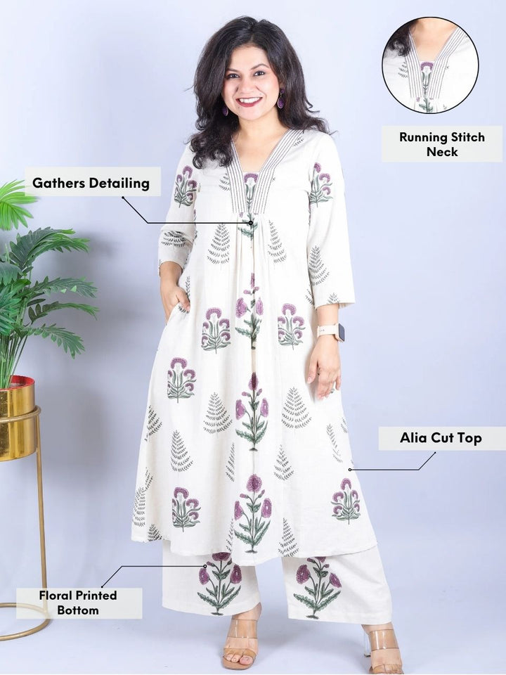 Aahista Shell White with Purple Floral Print Thread with Gather Work Cotton 2 Piece Set