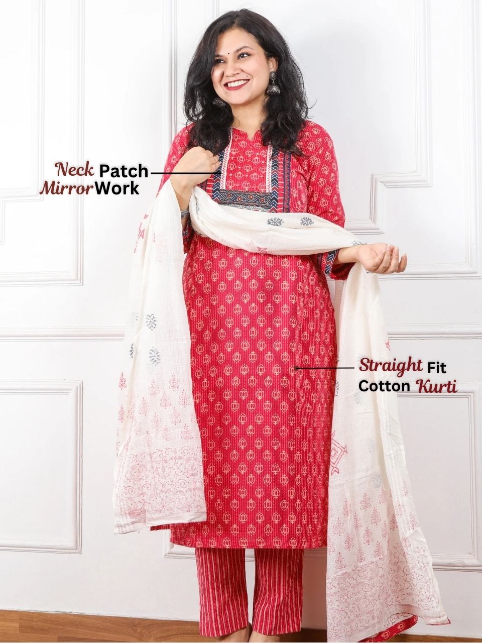 Chaahat Berry Pink Kutch Mirror Neck Work Print Cotton 3 Piece Set