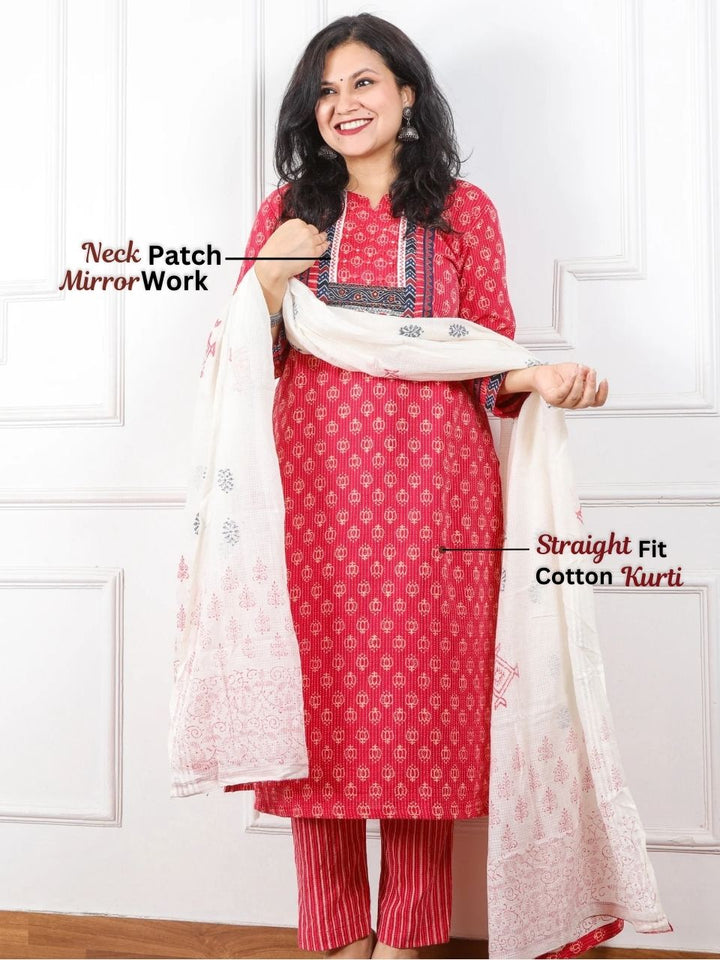 Chaahat Berry Pink Kutch Mirror Neck Work Print Cotton 3 Piece Set
